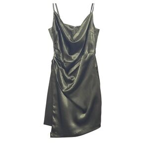 NWT Olive Green Satin Cowl Neck Ruched Minimalist Mini Slip Cocktail Dress Small
